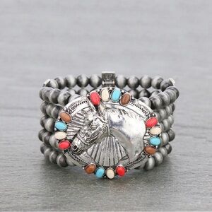 Western Equestrian Horse Head Multi-Strand Beaded Stretch Bracelet